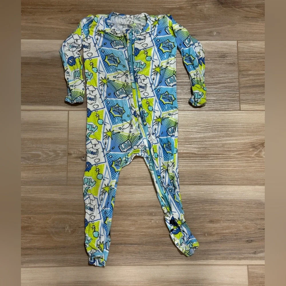 Bellabu Bear Kids' Comic Blue Fitted Convertible Footie Pajamas